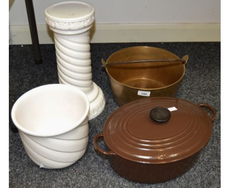 A Le Cresuet brown enamel oval casserole dish; a brass jam pan; a jardiniere and stand (3)