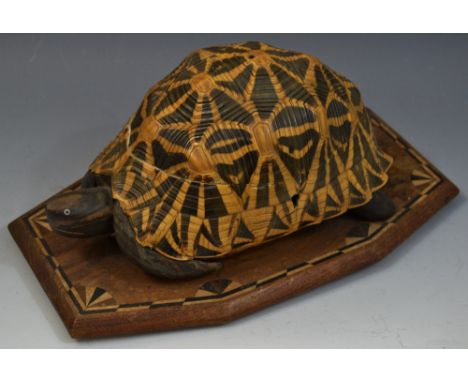 An Anglo-Indian novelty tortoise caddy or box, formed from a well figured shell and plastron, hinged cover, the interior inla