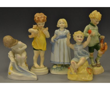 A Royal Worcester figure, Sunshine Days, printed crown and circle mark in black;  Woodland Walk;  Birthday Girl;  Bedtime;  a