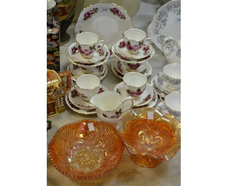 Ceramics and glass - a Duchess six setting floral pink rose decorated tea service; a pair of carnival glass bowls qty