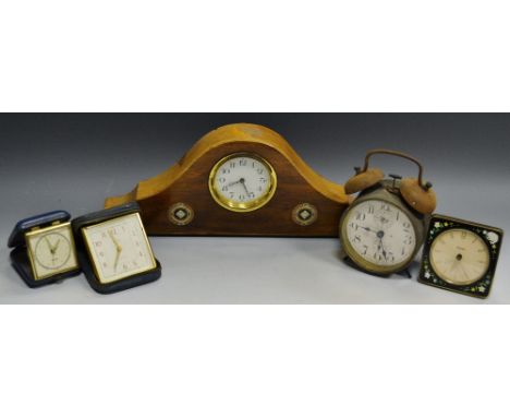 A Friedrich Manthe Schwenningen alarm clock; an Edwardian mahogany mantel clock other travelling alarm clocks (5)