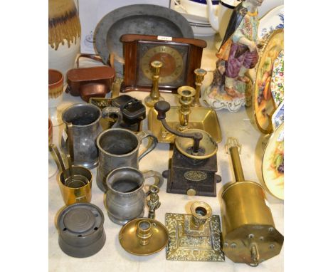 Metal Ware - a brass meat jack;  an 18th century pewter plate;  pewter mugs;  a coffee grinder;  pewter inkwell;  a mantel cl