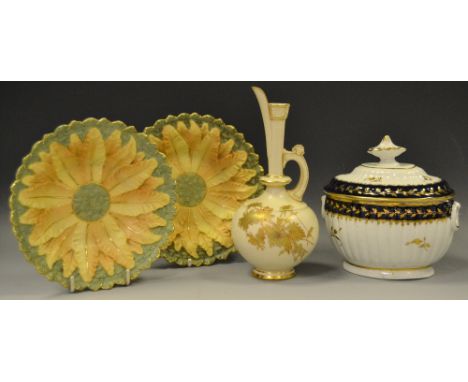 A Royal Worcester ewer, blush ivory, printed mark;  a Royal Worcester flower dishes;  a Worcester lobed oval sucrier and cvoe