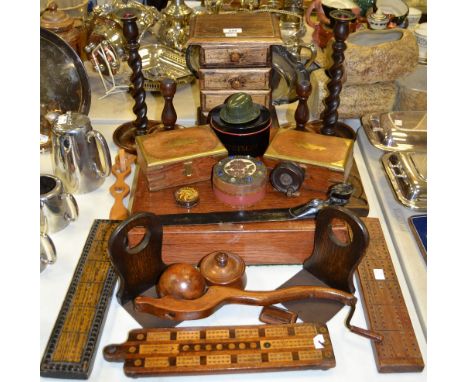 Boxes &amp; objects - a 19th century cribbage board; a four drawer miniature collectors cabinet; a Victorian letter opener, c