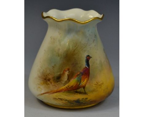 A Royal Worcester vase, painted by Jas Stinton, with pheasants, in a landscape, gilt rim, 8cm high, printed crown and  circle