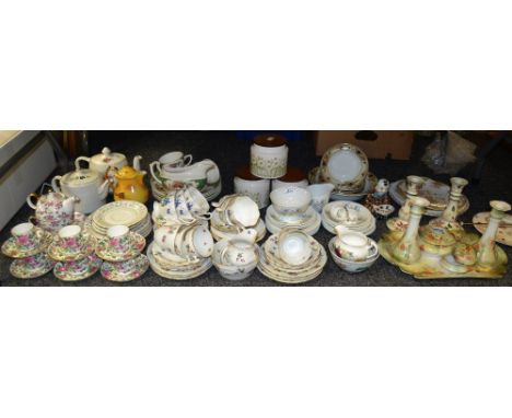 A decorative Sampson Ridgeway part dinner service, comprising of tureen and covers, teawares, dinner plates, in tones of appl