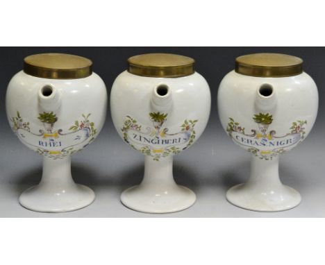 Three 20th century ceramic apothecary / syrup storage bottles, elongated spout, metal caps, RHEI ; ZINGIBERI; CERAS:NIGR: 
