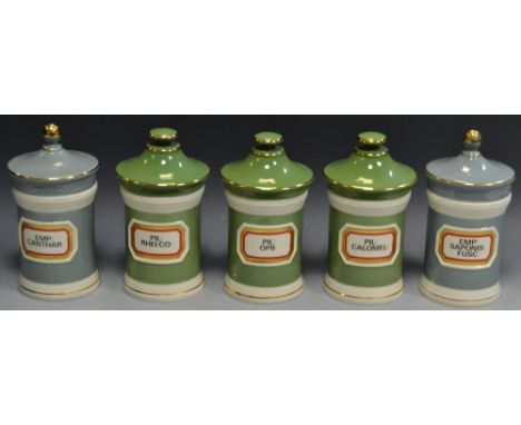 Apothecary - five 20th century ceramic dry drug/powder storage jars, bird egg blue and sage, specimen named lozenges 