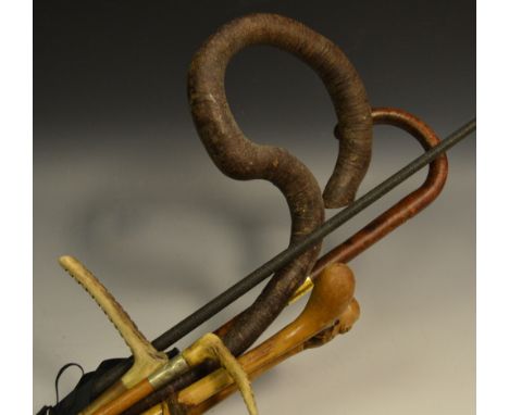 A coaching whip; riding crops; an unusual cherrywood walking stick; an umbrella by Brigg, London; etc