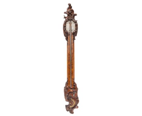 Holland, barometer gesigneerd Nicola Ruspinus Fesit Amsterdam, Louis XV, ca. 1750; Uitgevoerd met tinnen gegraveerde schaalpl