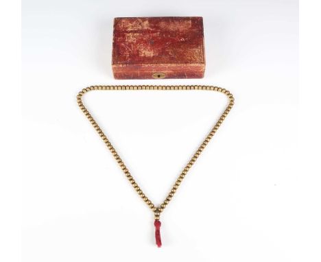 A Tibetan bronze bead mala necklace, comprising one hundred and eight squat circular beads and two marker beads, total length