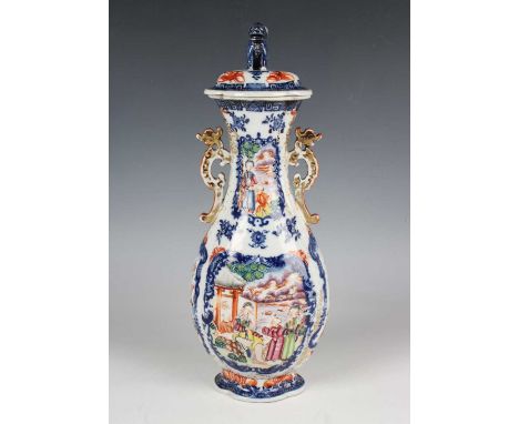 A Chinese famille rose export porcelain vase and cover, late Qianlong period, the lobed baluster body painted with opposing f