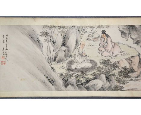 Wang Su (1794-1877) - a Chinese hand scroll painting, ink and colour on paper, depicting a continuous scene of scholars and a