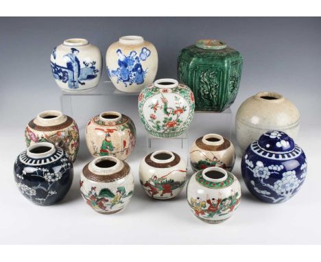 A collection of thirteen Chinese ginger jars, late 19th century and later, including two blue and white crackle glazed jars, 