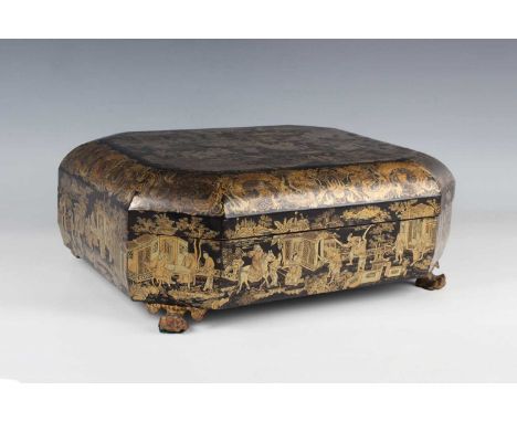 A Chinese Canton export lacquer games box, early to mid-19th century, of canted corner rectangular form, the removable cover 