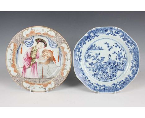 A Chinese export porcelain soup plate, late Qianlong period style but later, painted with a half-length portrait of a standin