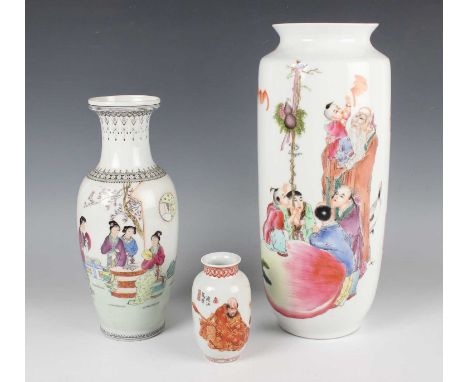 A Chinese rouge-de-fer porcelain vase, mark of Qianlong but Republic period, the swollen cylindrical body painted and gilt wi