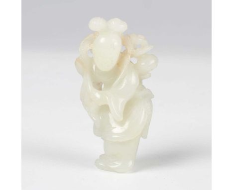 A Chinese pale celadon jade figural pendant, Qing dynasty, carved and pierced with a maiden carrying a branch, length 5.7cm (