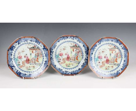 A set of three Chinese famille rose enamelled and underglaze blue export porcelain octagonal plates, Qianlong period, each pa