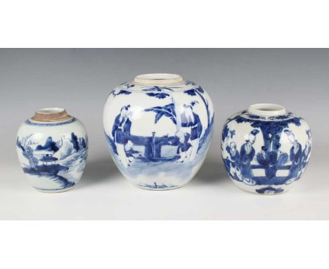 A Chinese blue and white porcelain ginger jar, late 19th/early 20th century, painted with a figural scene, height 16cm, toget