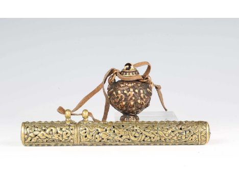 A Tibetan bronze pen case and inkwell, 17th/18th century, the tubular pen case and cover of oval section, cast and pierced wi