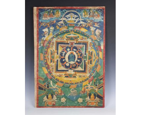 A Tibetan thangka, early 20th century, painted with Samantabhadra in yab-yum with his consort Samantabhadri, within a surroun