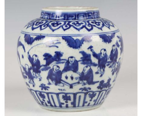 A rare Chinese blue and white porcelain 'boys' jar, mark and period of Jiajing, of stout ovoid form with short neck, painted 