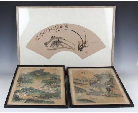 A Chinese fan shaped watercolour painting on silk, probably 20th century, painted with narcissus, lines of black text and two