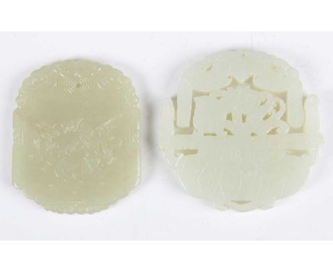 A Chinese pale celadon jade pendant, 20th century, carved and pierced in the form of a flower basket with articulated handle,