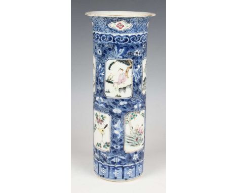 A Chinese famille rose enamelled and underglaze blue porcelain cylinder vase, mark of Kangxi but late 19th century, painted w