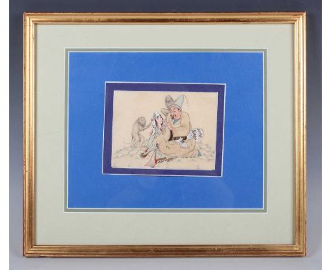 A Persian miniature watercolour painting on paper, 19th century, depicting a couple seated with two monkeys, 9.8cm x 13cm, fr