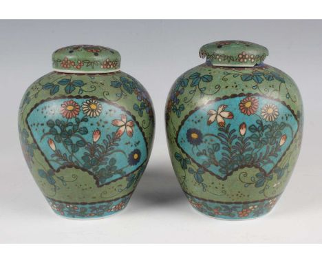 A pair of Japanese Totai-Shippo cloisonné porcelain ginger jars and covers by Takeuchi Chubei, Meiji period, each ovoid body 