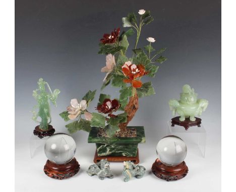A Chinese hardstone flower arrangement, late 20th century, with rectangular planter, height 50cm, together with two Chinese c