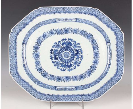 A Chinese blue and white export porcelain meat dish, Qianlong period, painted with a central foliate medallion within floral 