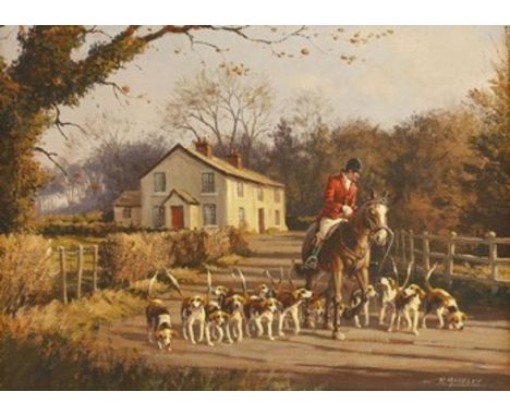 R Moseley, 20th century A HUNTSMAN AND HIS HOUNDS ON A COUNTRY ROAD Signed l.r., oil on canvas 30.5 x 40.5cm