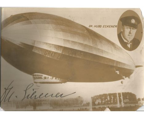 Hugo Eckener signed 12x8 sepia vintage 1920s Graf Zeppelin photo fountain pen signature. Hugo Eckener (10 August 1868 - 14 Au