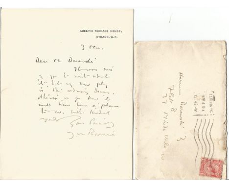 Sir J. M Barrie vintage rare ALS with original postage envelope. Sir James Matthew Barrie , 1st Baronet , ; 9 May 1860 - 19 J