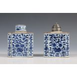 China, a pair of blue and white porcelain tea-caddies, ca. 1800, one with later European silver cove