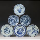 China, a collection of various blue and white porcelain plates and a bowl, mostly Qianlong period (1
