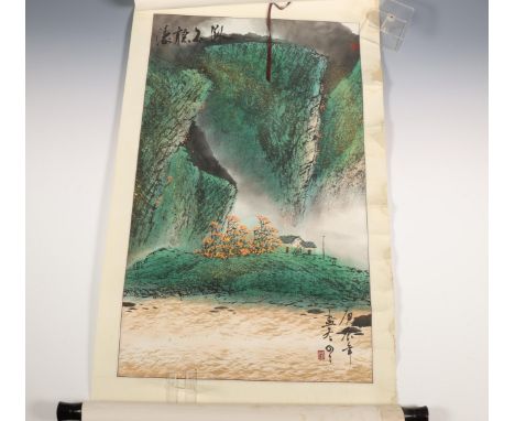 China, scroll painting with the seal of Li Keran, depicting dwellings in a mountainous river landscape,  with calligraphy and