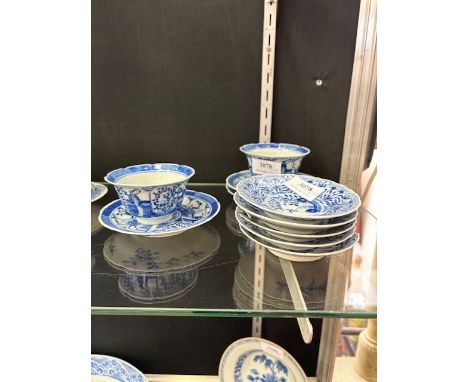 China, small collection of blue and white porcelain cups and saucers, 19th century, comprising a set of five cups and six sau