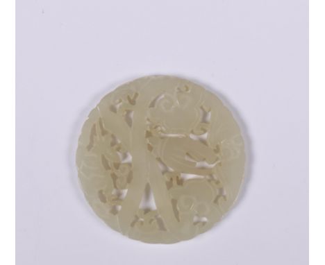 China, celadon jade pendant, the circular pendant carved and openworked with a deer, a bat, ruyi and finger citron (minor nic