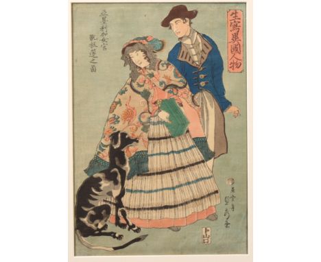 Japan, woodblock print by Sadahide (1807-1878) American couple with an accordion and a dog oban Uit de nalatenschap van Cleme