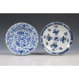 China, two blue and white porcelain saucer dishes, Kangxi mark and period (1662-1722) and 18th centu