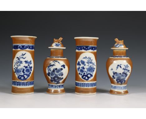 China, a small four-part café-au-lait-glazed garniture, 19th century, comprising a pair of beakers and a pair of baluster vas