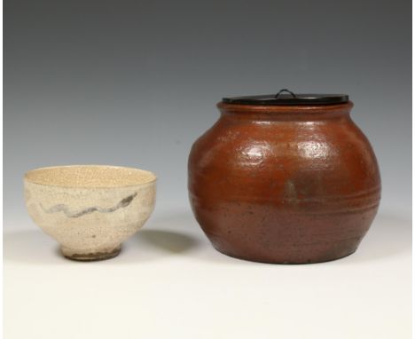Japan, a Shino ceramic tea-bowl, chawan, together with a Tamba ceramic water-jar, mizusashi, with lacquer cover, (the water-j