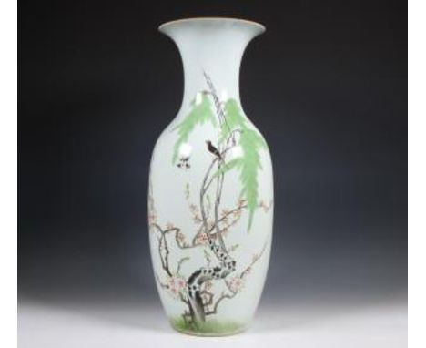 China, famille rose porcelain baluster vase, 20th century, decorated with magpies on prunus branches, the reverse with callig