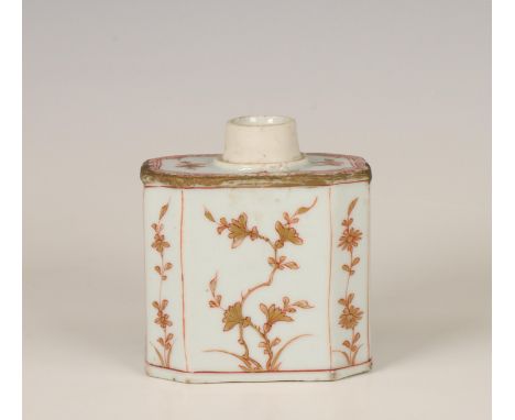 China, an iron-red and gilt porcelain tea-caddy, 18th century, of octagonal rectangular shape and decorated with flower spray
