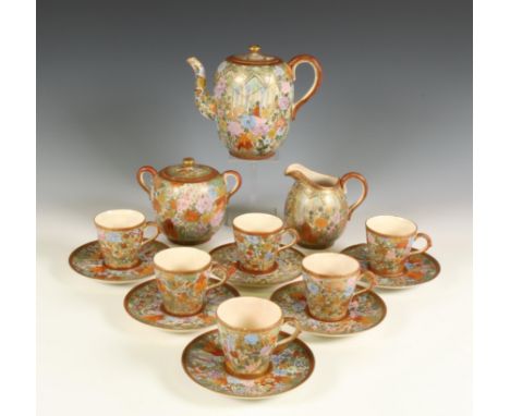 Japan, a Satsuma porcelain tea-service, 20th century, delicately painted with a dense floral pattern including hydrangea and 