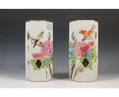 China, two hexagonal famille rose hatstands. late Qing dynasty (1644-1912), each variously painted with birds perched on flow